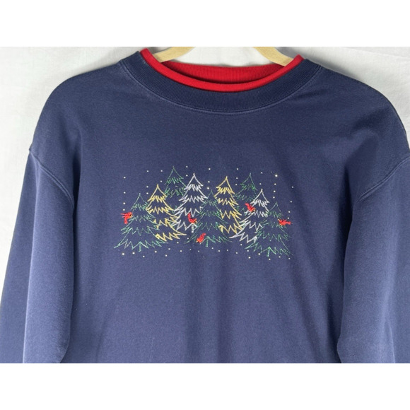 Vintage M&C Sportswear 'Ugly Christmas' Sweatshirt Trees, Cardinals, Sz S, Blue - Picture 3 of 9